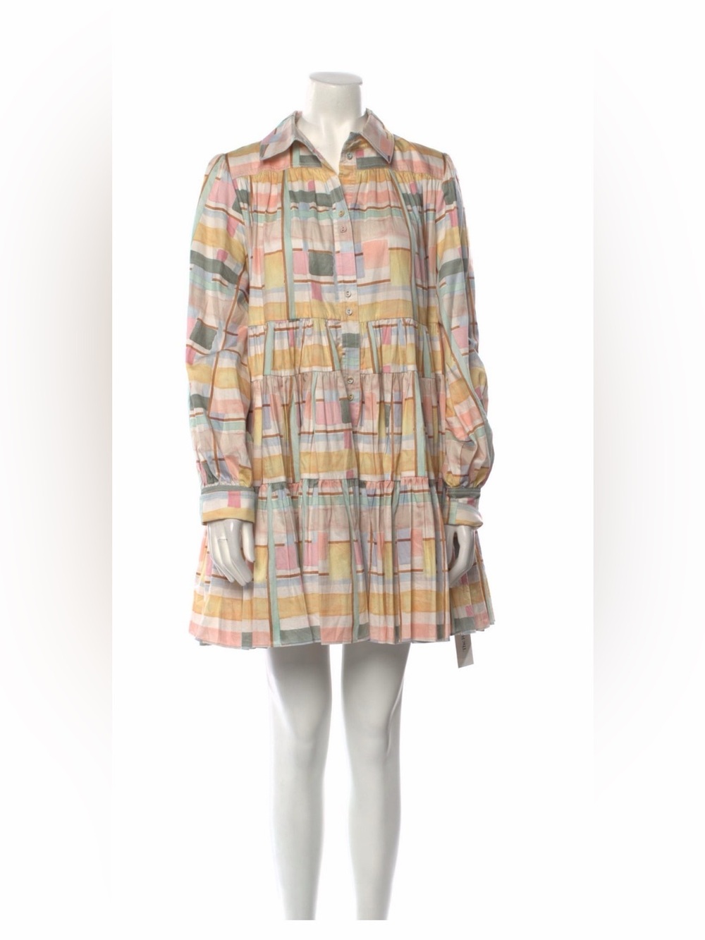 Aje Pastel Plaid Tiered Button-Up Dress in Yellow, Pink, Blue